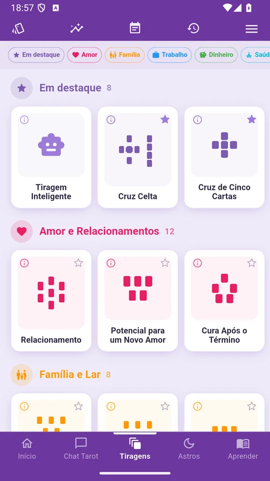 O catálogo de tiragens de tarot do Arcantia